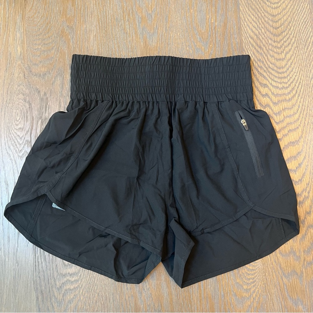 BMJL Womens High Waisted Running Shorts Black Smocked Waist Zipper Pocket Size S